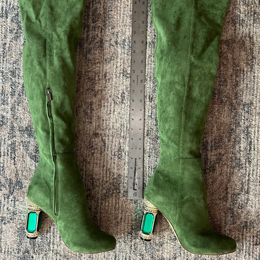 Green over the knee boots with crystal heel, size 10.5
